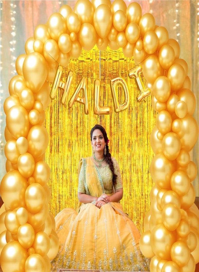 بروبسيكل مجموعة من 57 بالونًا ذهبيًا على شكل حرف "Haldi Bride to Be" مقاس 16 بوصة، بالإضافة إلى 50 بالونًا ذهبيًا وستارتين ذهبيتين، مثالية لتزيين حفلات توديع العزوبية وحفلات الزفاف. مصنوعة من رقائق معدنية. - Image 3